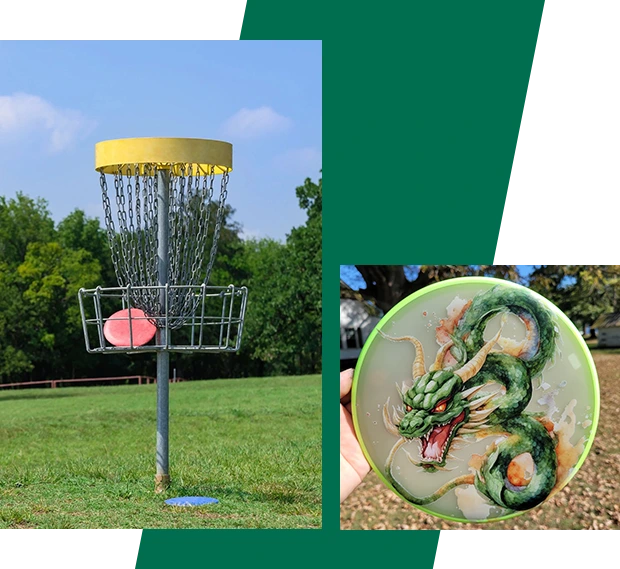 A frisbee golf basket and disc in the grass.