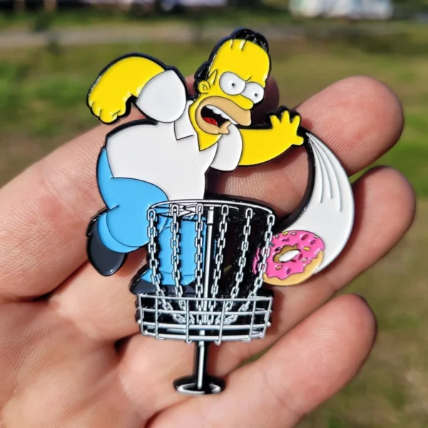 A person holding a frisbee golf pin with homer simpson.