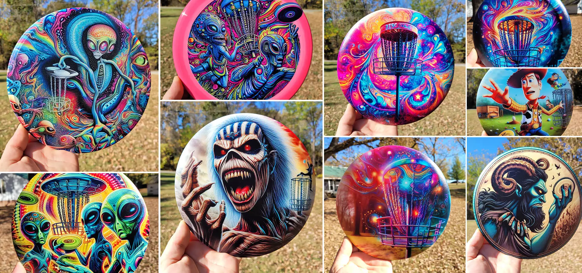 A series of pictures showing different designs on frisbees.