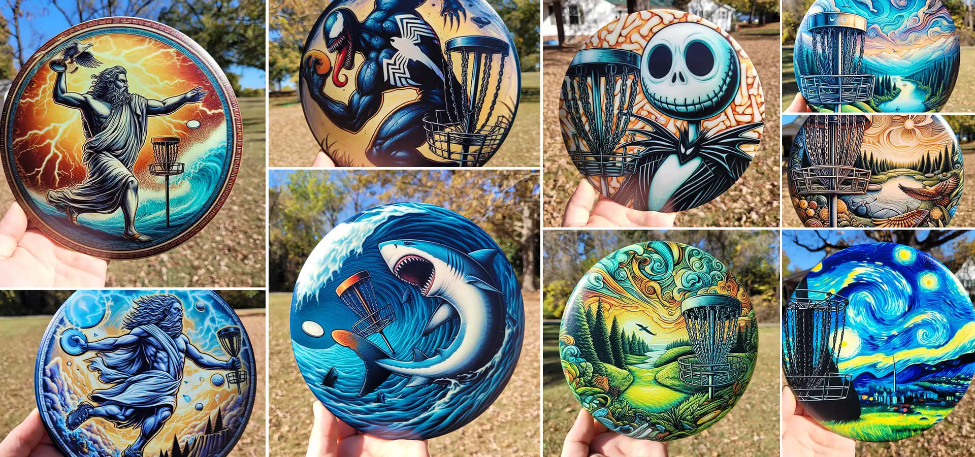 A series of pictures showing different designs on frisbees.